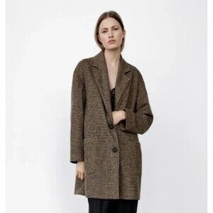 Zara Large Oversized Blazer Coat Brown Houndstooth Cotton Plaid Single Breasted